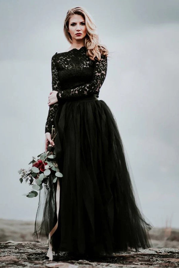 A-Line Lace Appliqued Black Wedding Dress Boho Bridal Gown WD744-Pgmdress