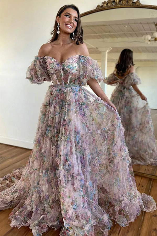 A-Line Off The Shoulder Sweetheart Floral Long Prom Dress PSK618-Pgmdress