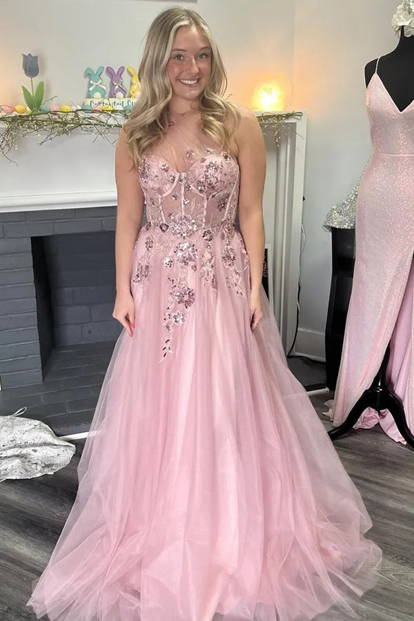 A-Line One Shoulder Appliques Tulle Pink Long Prom Dress PSK584-Pgmdress