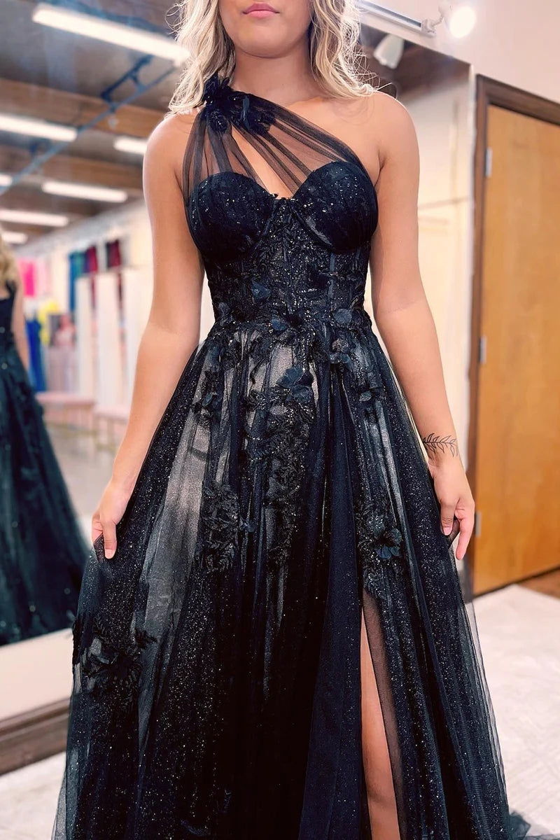 A-Line One Shoulder Black Long Prom Dress With 3D Appliques PSK444-Pgmdress