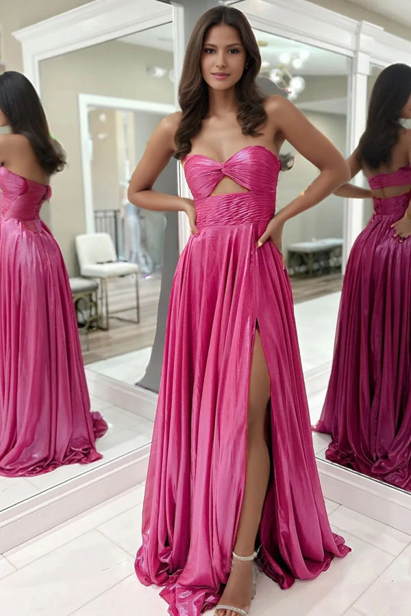 A-Line One Shoulder Keyhole Fuchsia Prom Dress with Slit PSK633-Pgmdress