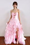 A-Line Pleated Keyhole  Ruffle Hot Pink Prom Dress with Split-Pgmdress