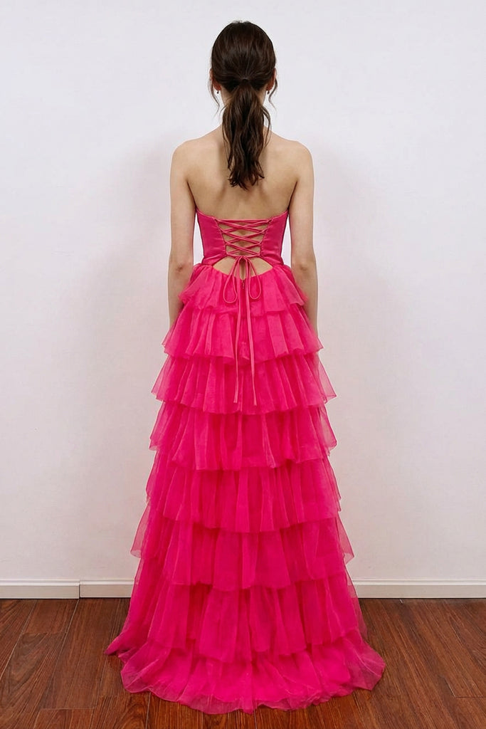 A-Line Pleated Keyhole Ruffle Hot Pink Prom Dress with Split US14 / Custom Color A-Line Pleated Keyhole Ruffle Hot Pink Prom Dress with Split US14 / Custom Color