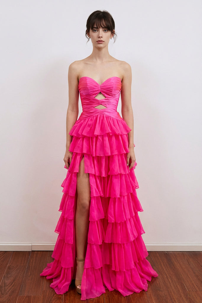 A-Line Pleated Keyhole Ruffle Hot Pink Prom Dress with Split US14 / Custom Color A-Line Pleated Keyhole Ruffle Hot Pink Prom Dress with Split US14 / Custom Color