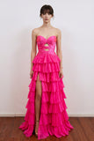 A-Line Pleated Keyhole  Ruffle Hot Pink Prom Dress with Split-Pgmdress