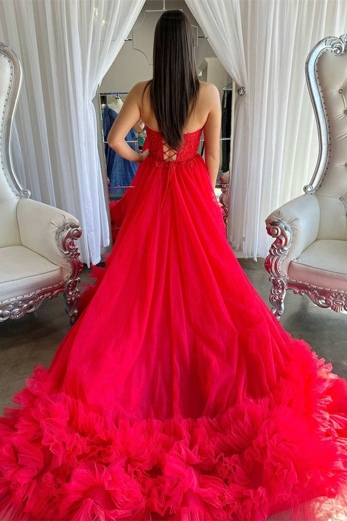 A-Line Red Sweetheart Corset Ruffle Prom Dress Formal Gown PSK493