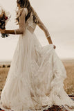A-Line Round Neck Lace Long Sleeves Rustic Wedding Dress WD789-Pgmdress