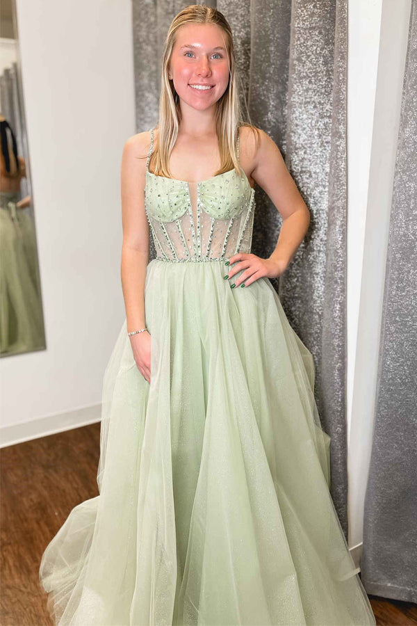 A-Line Sage Green Straps Sequin Beaded Tulle Prom Dress PSK488-Pgmdress