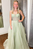 A-Line Sage Green Straps Sequin Beaded Tulle Prom Dress PSK488