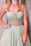 A-Line Sage Green Straps Sequin Beaded Tulle Prom Dress PSK488-Pgmdress