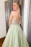 A-Line Sage Green Straps Sequin Beaded Tulle Prom Dress PSK488-Pgmdress