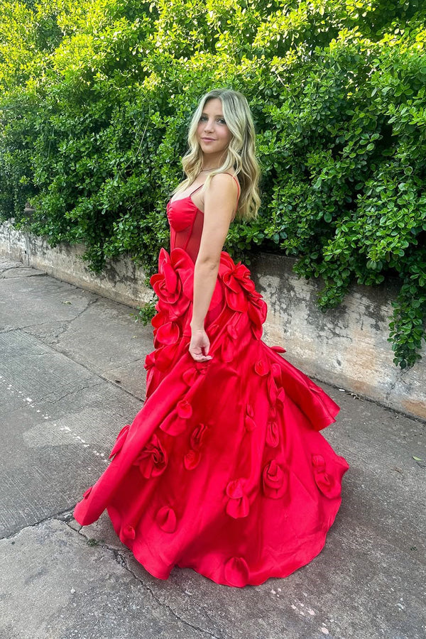A-Line Satin Pretty Red Prom Dress Party Dress with Flowers PSK713-Pgmdress