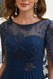 A-Line Sequin Formal Gown Chiffon Navy Blue Mother of the Bride Dress