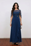 A-Line Sequin Formal Gown Chiffon Navy Blue Mother of the Bride Dress