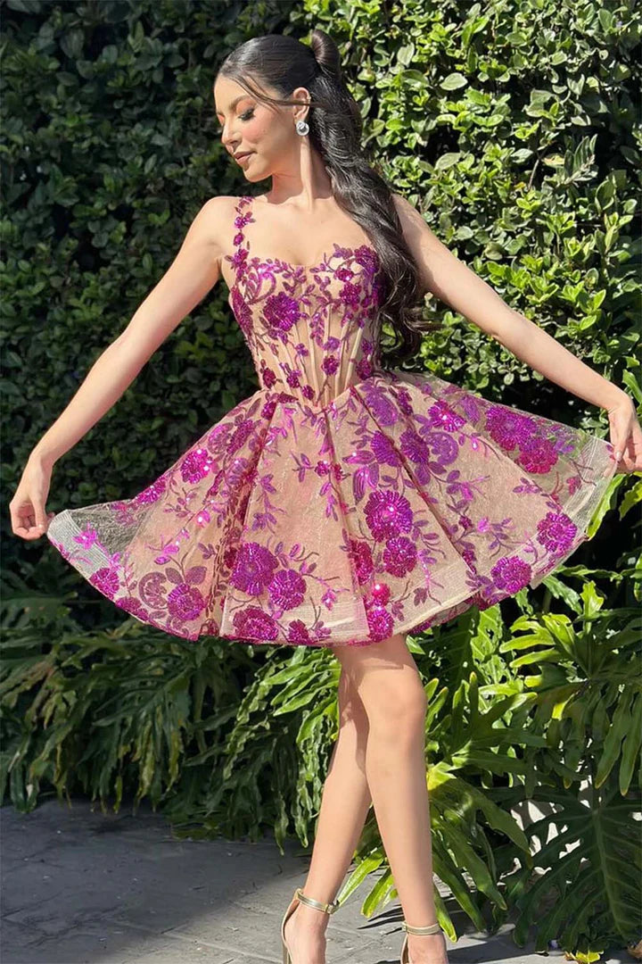A-Line Corset Bodice Floral Fuchsia Homecoming Dress Party Dress-Pgmdress