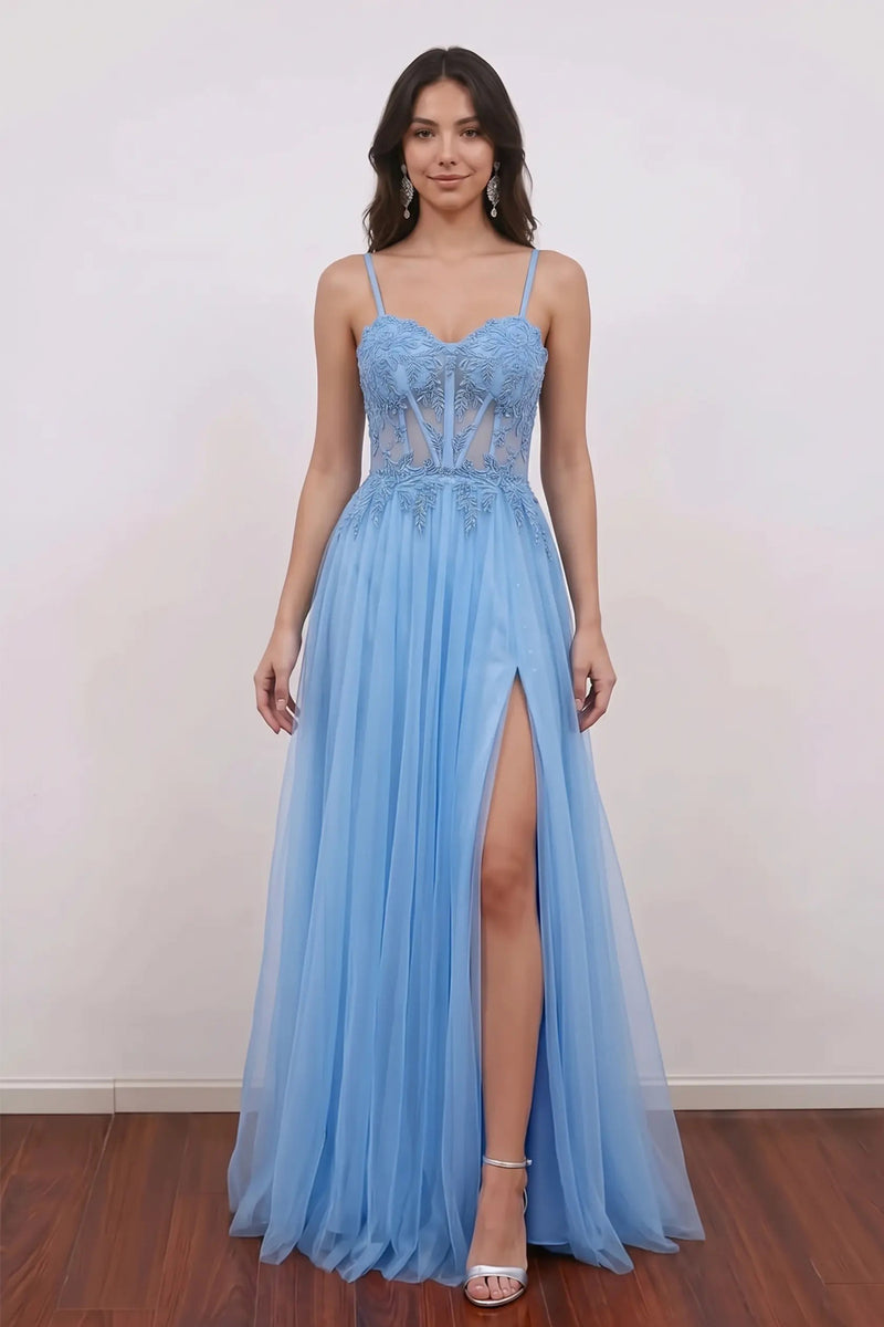 A-Line Spaghetti Straps Blue Corset Long Prom Dress with Slit-Pgmdress
