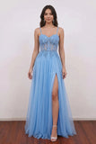 A-Line Spaghetti Straps Blue Corset Long Prom Dress with Slit-Pgmdress