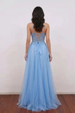 A-Line Spaghetti Straps Blue Corset Long Prom Dress with Slit-Pgmdress
