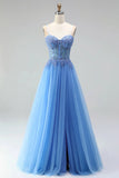 A-Line Spaghetti Straps Blue Corset Long Prom Dress with Slit-Pgmdress