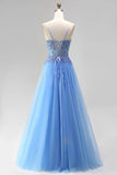 A-Line Spaghetti Straps Blue Corset Long Prom Dress with Slit-Pgmdress
