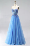 A-Line Spaghetti Straps Blue Corset Long Prom Dress with Slit-Pgmdress