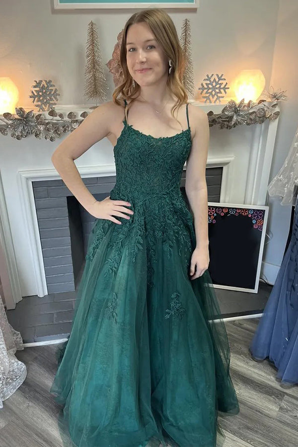 A-Line Spaghetti Straps Tulle Dark Green Long Prom Dress PSK586-Pgmdress