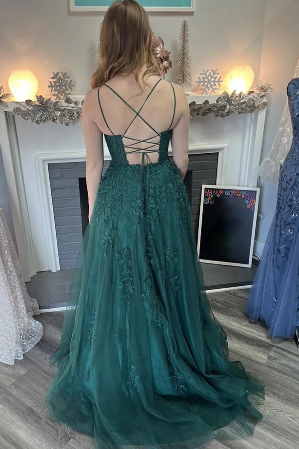 A-Line Spaghetti Straps Tulle Dark Green Long Prom Dress PSK586-Pgmdress
