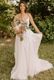 A-Line Spaghetti Straps Tulle Rustic Wedding Dress With Appliques  WD656