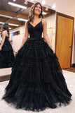 A-Line Spagnetti Straps V-Neck Tiered Tulle Long Prom Dress PSK528-Pgmdress
