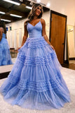 A-Line Spagnetti Straps V-Neck Tiered Tulle Long Prom Dress PSK528