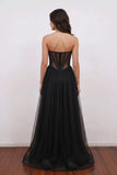 A-Line Strapless Corset Black Long Prom Dress Party Dress with Slit-Pgmdress