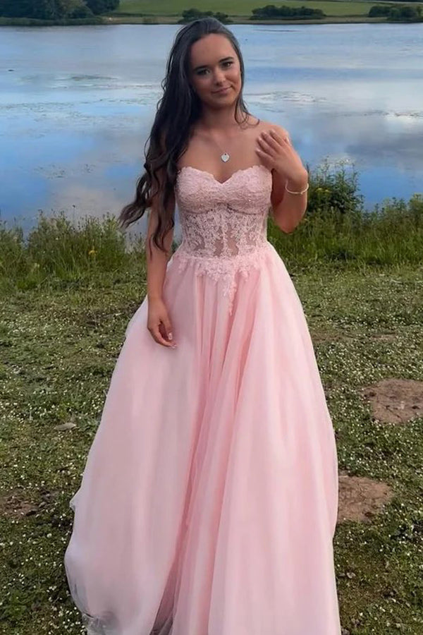 A-Line Strapless Sweetheart Sleeveless Pink Prom Dress PSK642-Pgmdress