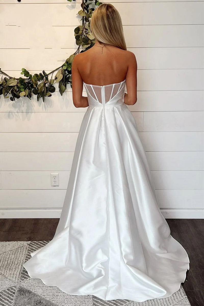 A-Line Strapless White Wedding Dress Simple Wedding Dresses WD717-Pgmdress