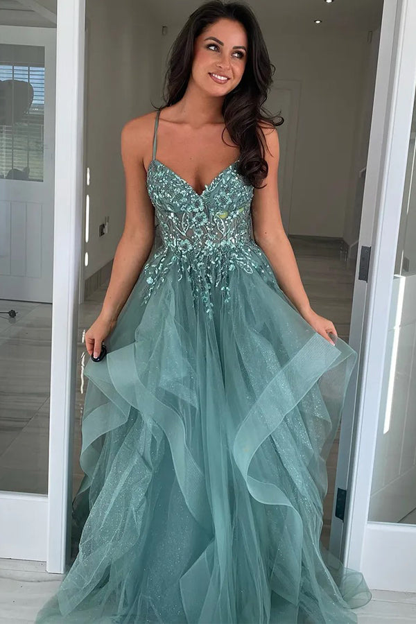 A-Line Straps Appliques Tulle Grey Green Long Prom Dress PSK644-Pgmdress