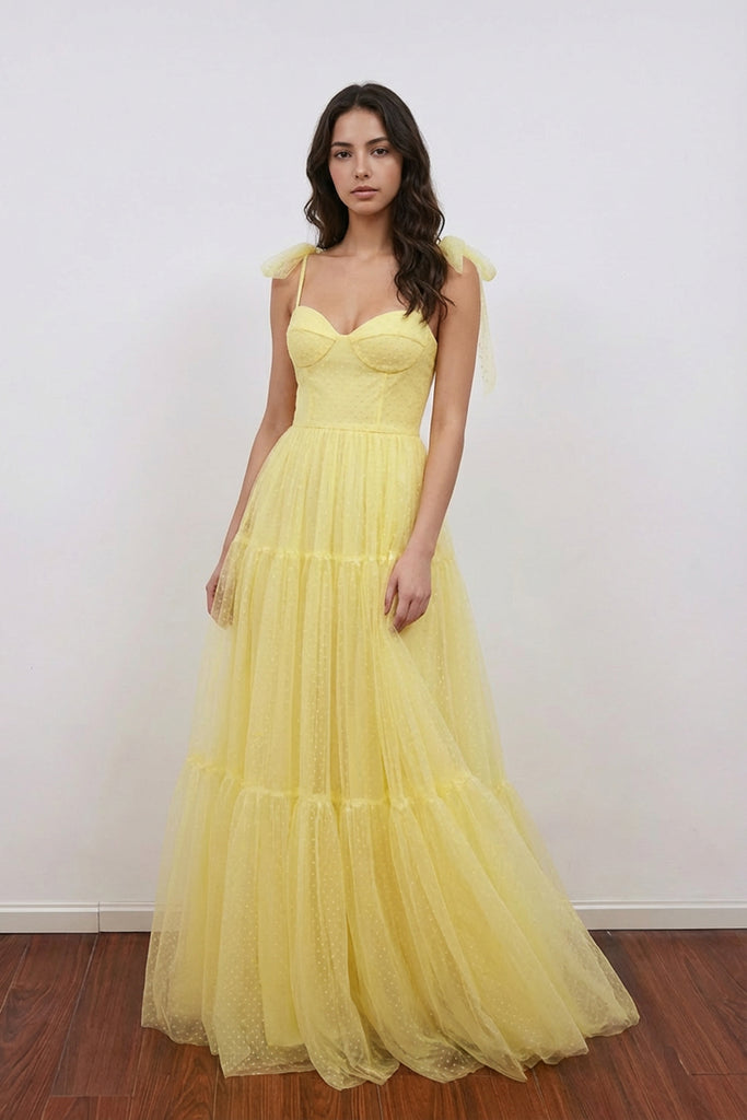 A-Line Straps Dot Tulle Yellow Long Prom Dress with Bow Tie Pgmdress A-Line Straps Dot Tulle Yellow Long Prom Dress with Bow Tie Pgmdress