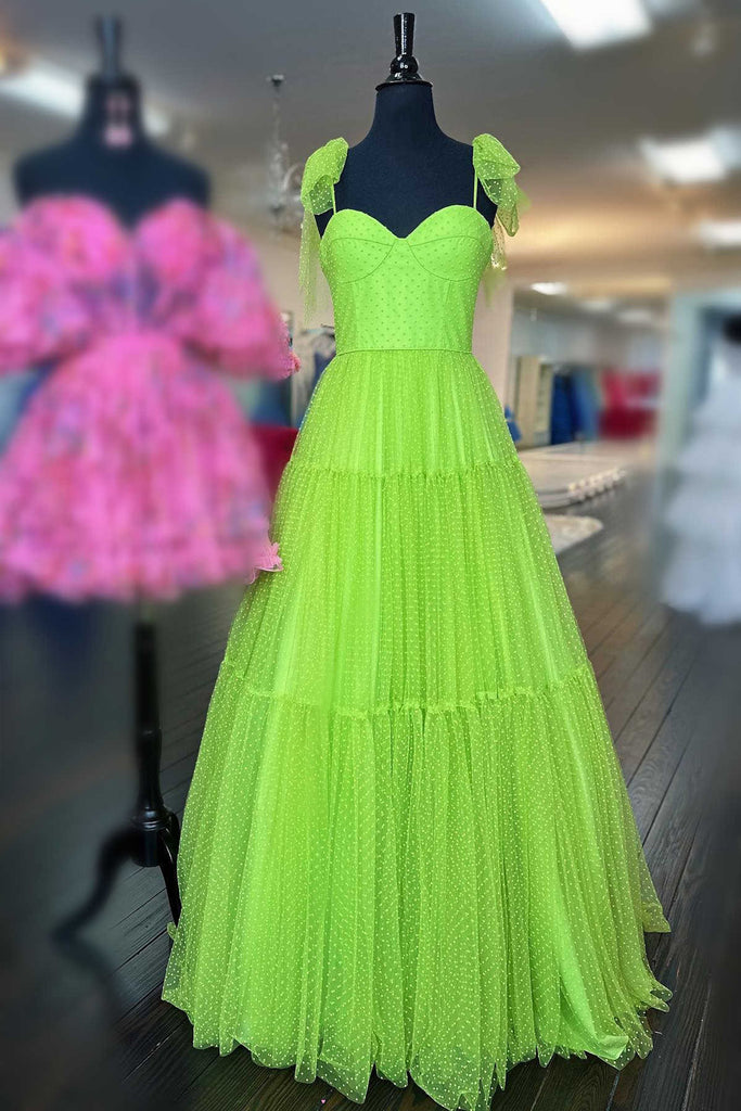 A-Line Straps Dot Tulle Yellow Long Prom Dress with Bow Tie Custom Size / Yellow A-Line Straps Dot Tulle Yellow Long Prom Dress with Bow Tie Custom Size / Yellow