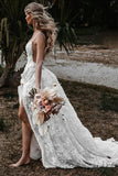 A-Line Straps Lace Beach Wedding Dress Boho Bridal Gown With Split WD657-Pgmdress