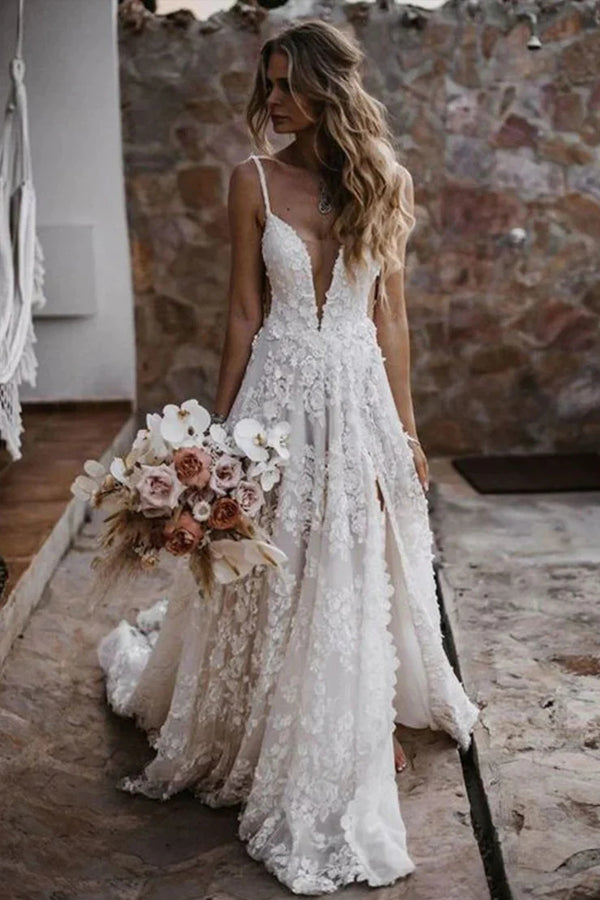 A-Line Straps Lace Beach Wedding Dress Boho Bridal Gown With Split WD657-Pgmdress