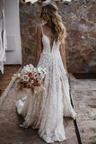 A-Line Straps Lace Beach Wedding Dress Boho Bridal Gown With Split WD657-Pgmdress