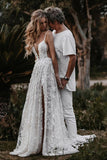 A-Line Straps Lace Beach Wedding Dress Boho Bridal Gown With Split WD657-Pgmdress