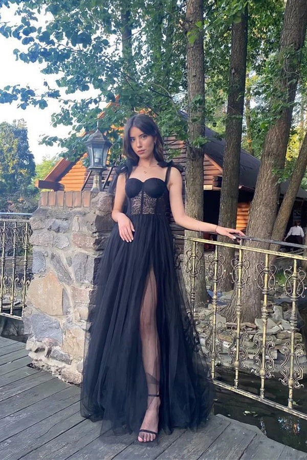 A-Line Straps Sweetheart Sleeveless Black Long Prom Dress PSK619-Pgmdress