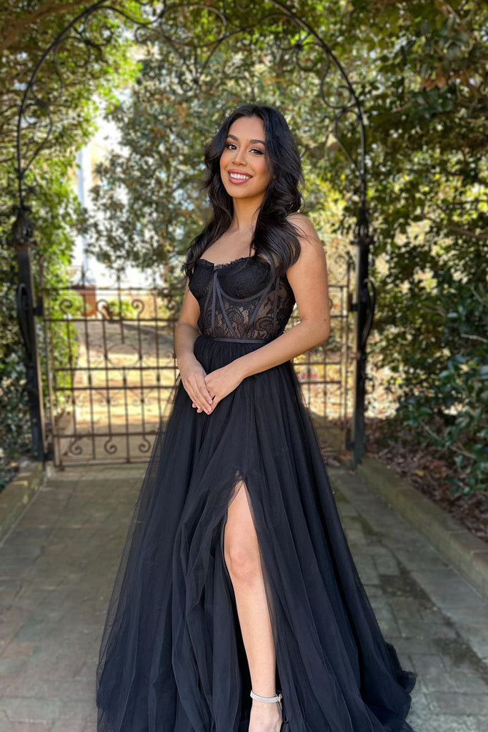 Black Lace Long Sleeves Side Slit Long Prom Dresses, Evening Dresses, MP281  – Musebridals