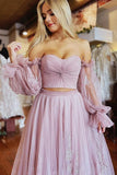 A-Line Two-Piece Dusty Pink Prom Dress with Sleeves PSK508-Pgmdress