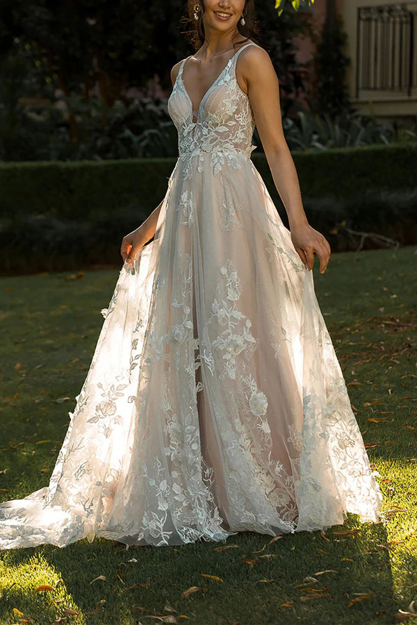 A-Line V-Neck Lace Appliques Beach Wedding Dress Boho Bridal Gown-Pgmdress