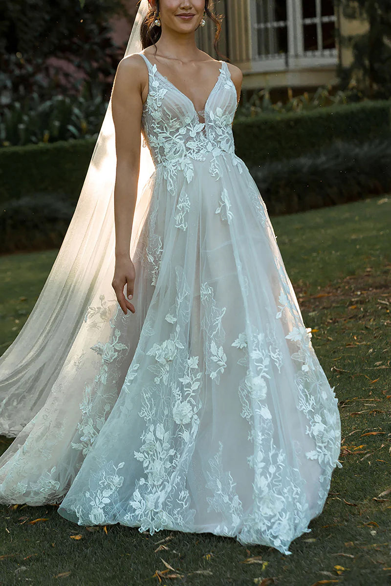 A-Line V-Neck Lace Appliques Beach Wedding Dress Boho Bridal Gown-Pgmdress