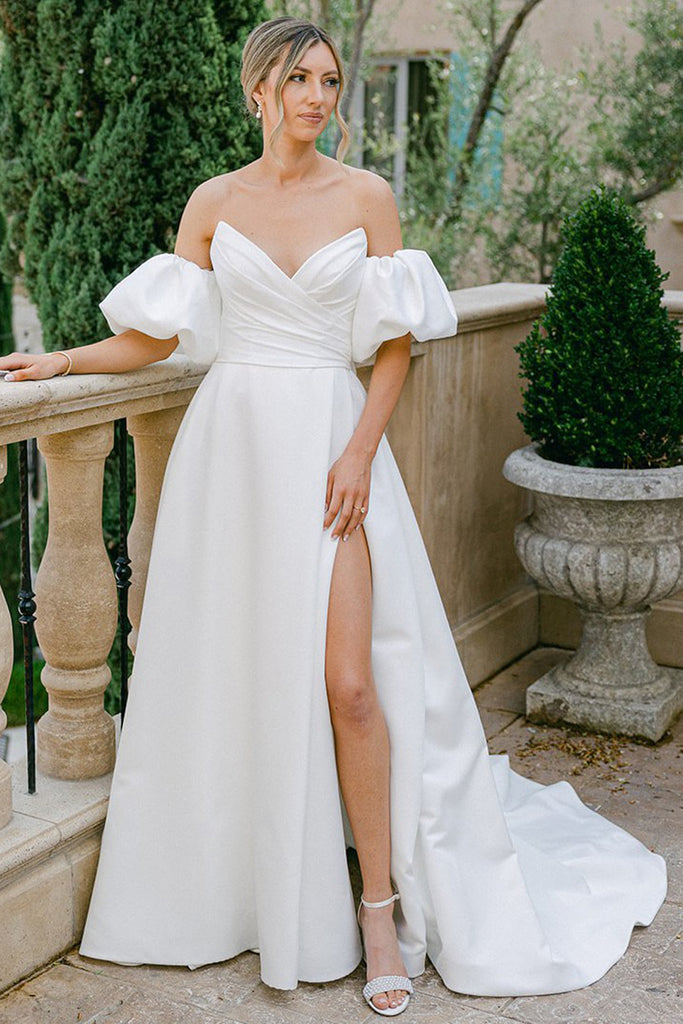 A-Line V-Neck Puff Sleeves Satin Empire Wedding Dress Bridal Gown US16 / White A-Line V-Neck Puff Sleeves Satin Empire Wedding Dress Bridal Gown US16 / White