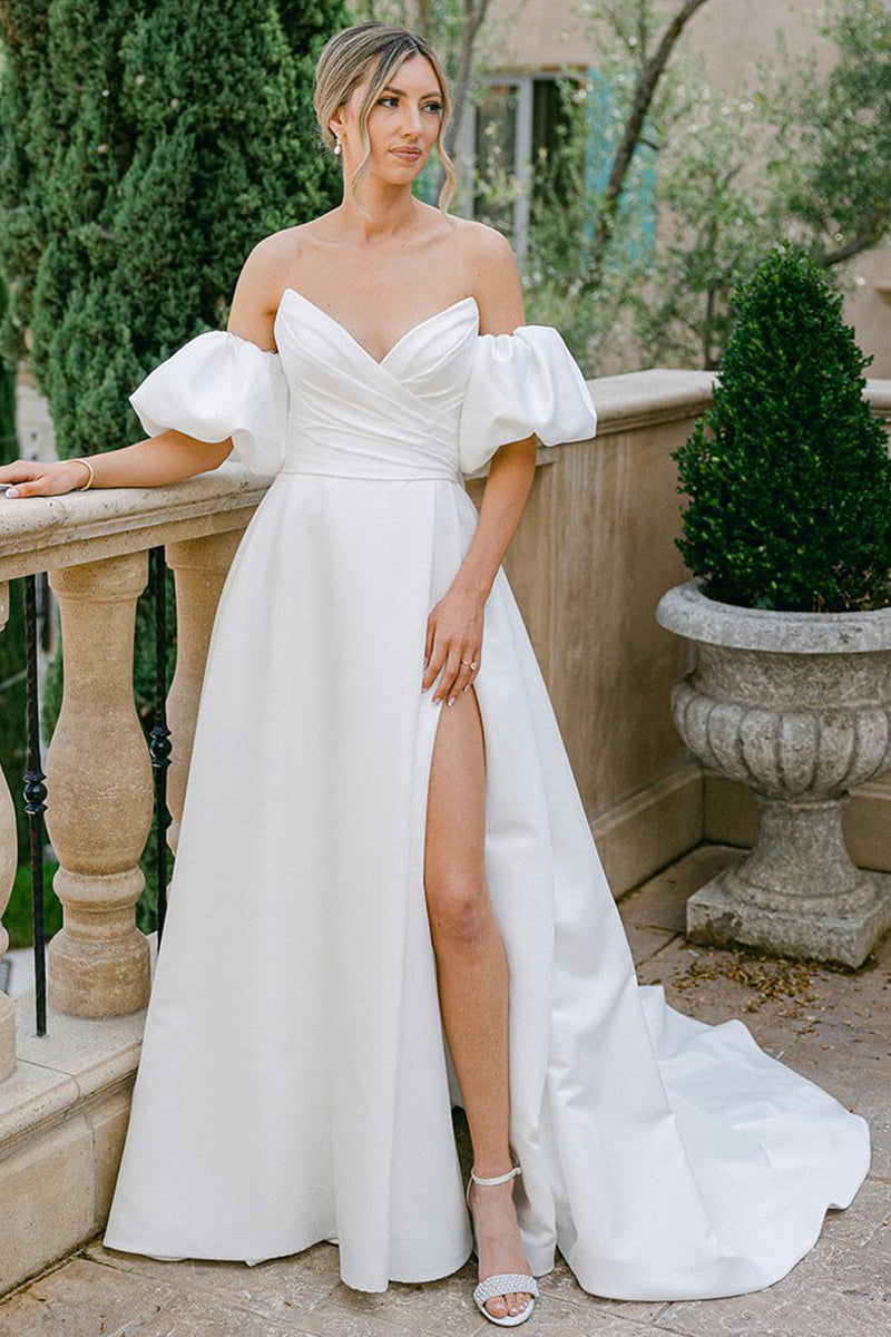 A-Line V-Neck Puff Sleeves Satin Empire Wedding Dress Bridal Gown-Pgmdress