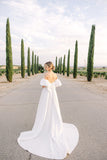 A-Line V-Neck Puff Sleeves Satin Empire Wedding Dress Bridal Gown-Pgmdress
