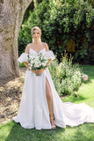 A-Line V-Neck Puff Sleeves Satin Empire Wedding Dress Bridal Gown-Pgmdress