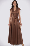 A-Line V-Neck Satin Long Mother of the Bride Dress with Bow-Pgmdress
